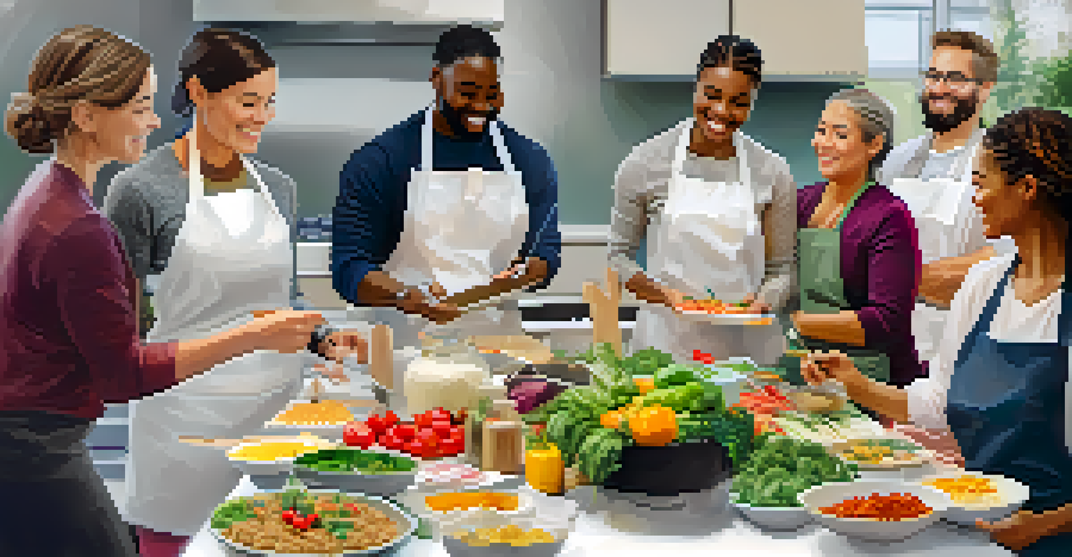 A diverse group participating in a wellness workshop, learning about healthy cooking from a health coach.