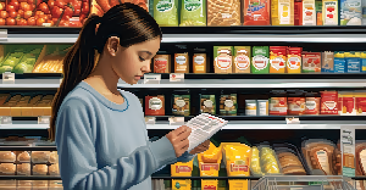 A person reading food labels carefully in a supermarket, focusing on allergen warnings.