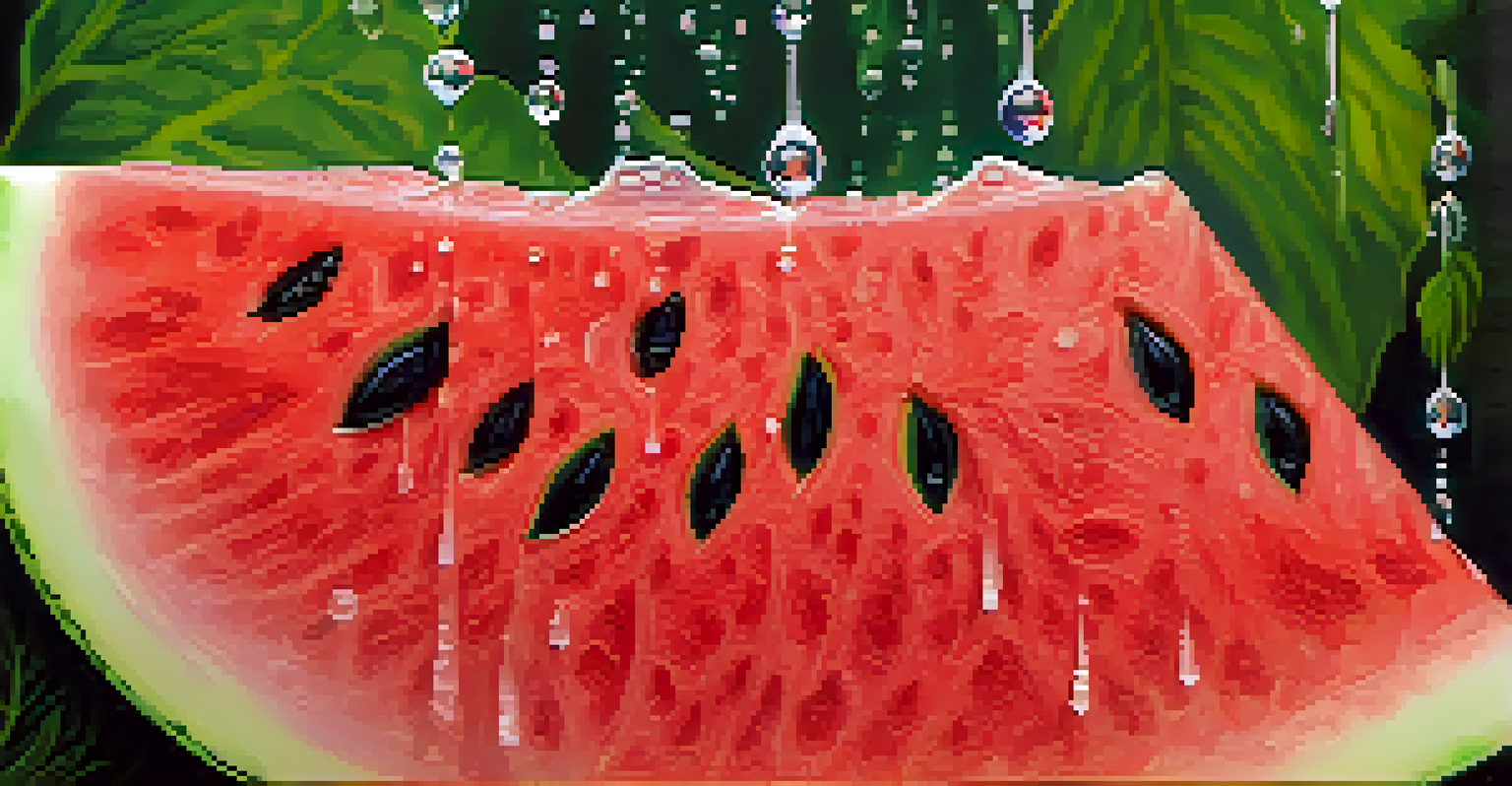 A close-up of a juicy watermelon slice with water droplets, surrounded by green plants, showcasing hydration for skin health.