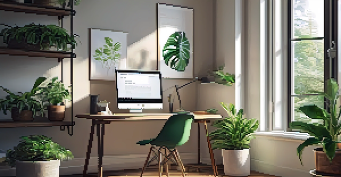 A peaceful home office with a laptop, notepad, and coffee on a wooden desk, illuminated by natural light from a window with green plants.