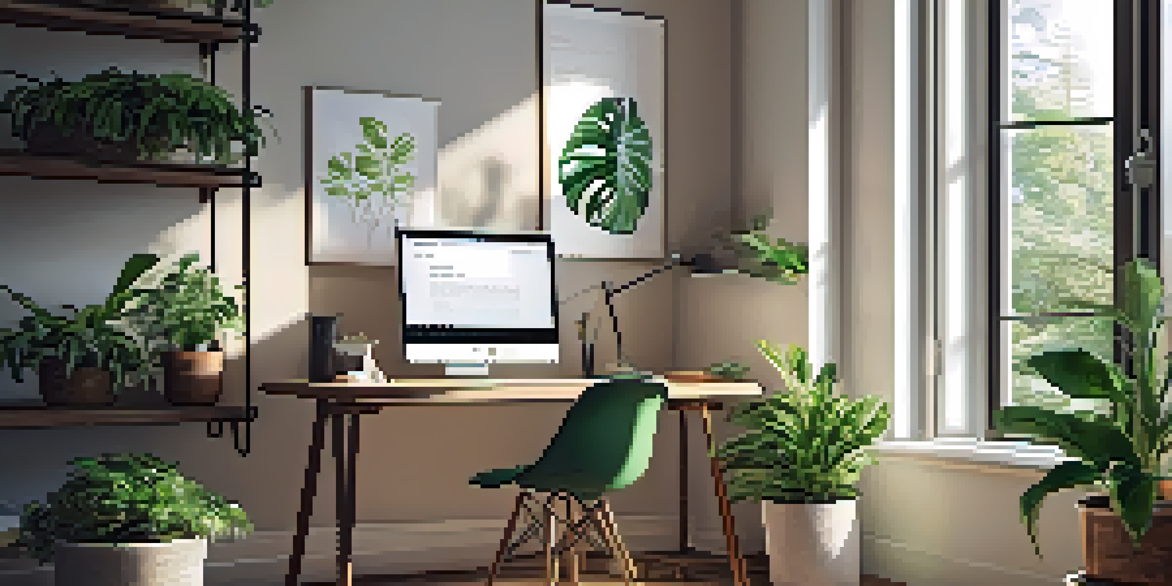 A peaceful home office with a laptop, notepad, and coffee on a wooden desk, illuminated by natural light from a window with green plants.