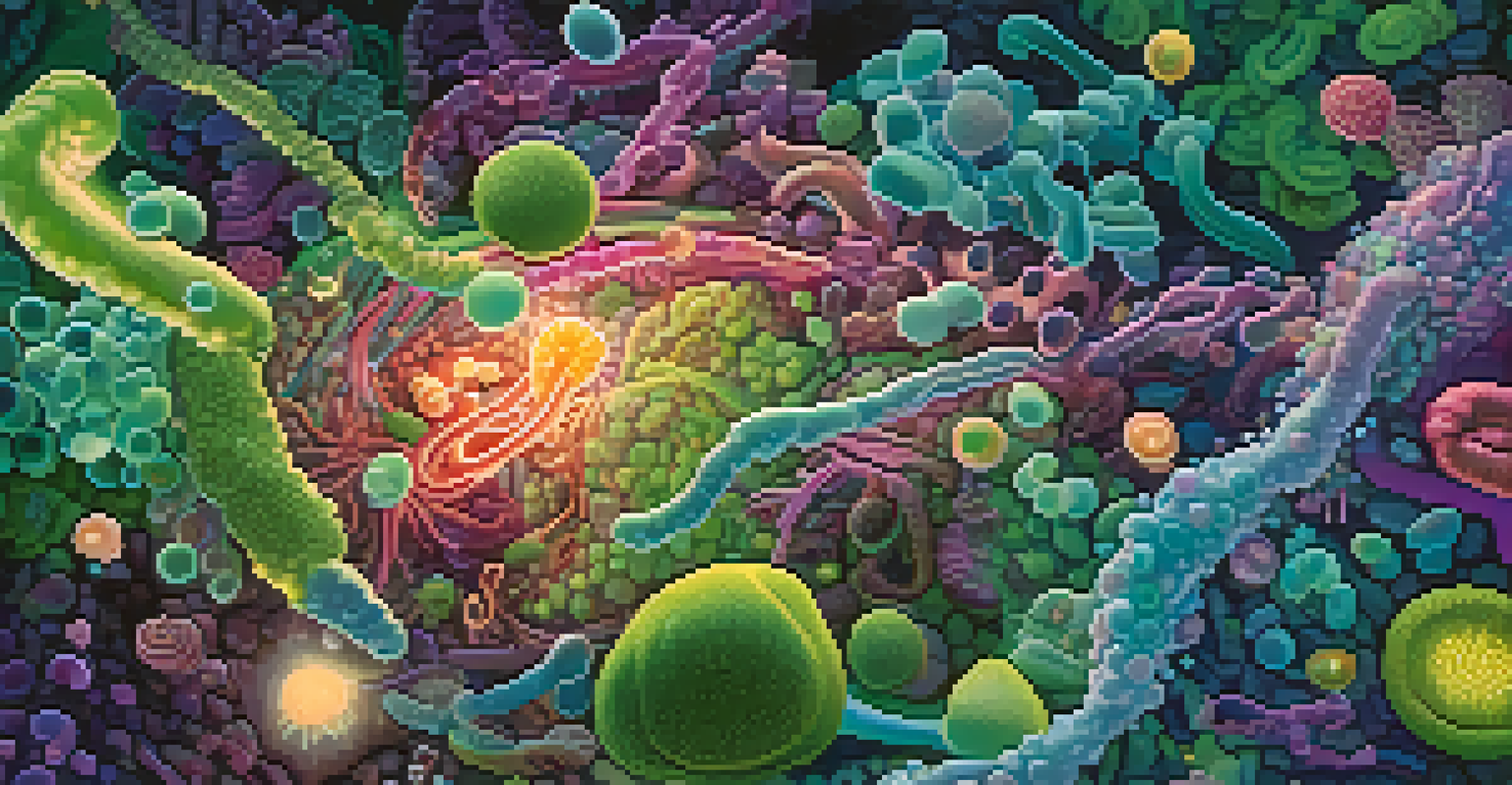 An artistic abstract representation of the gut microbiome, showcasing various microorganisms in vibrant colors of greens, blues, and purples, illuminated by soft glowing lights.