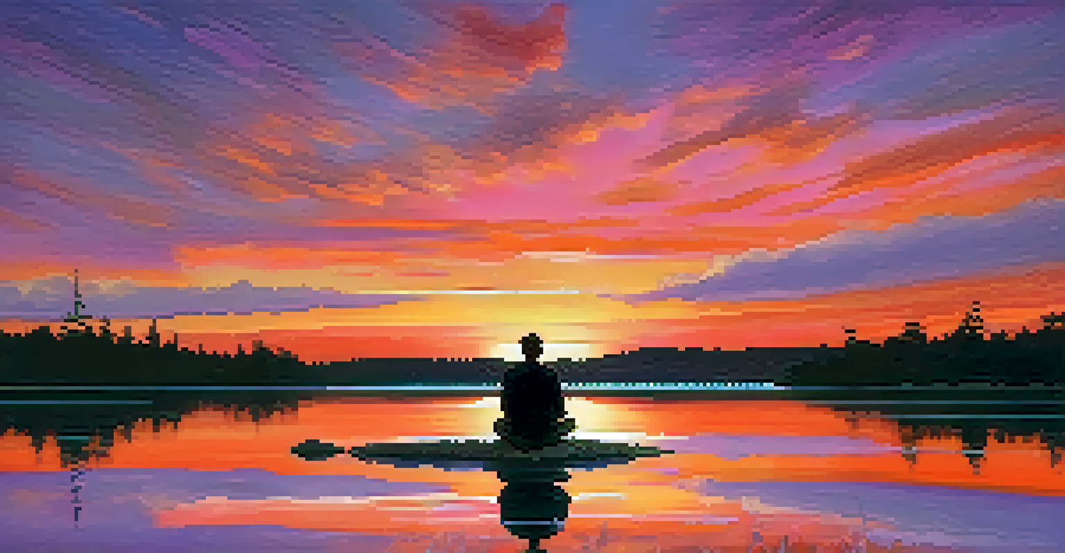 A person sitting by a lake at sunset, deep in thought and reflection.
