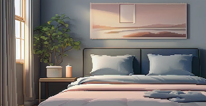 A calming bedroom setting with a cozy bed, dim lighting, and a smartphone displaying a meditation app, creating a peaceful atmosphere for sleep.