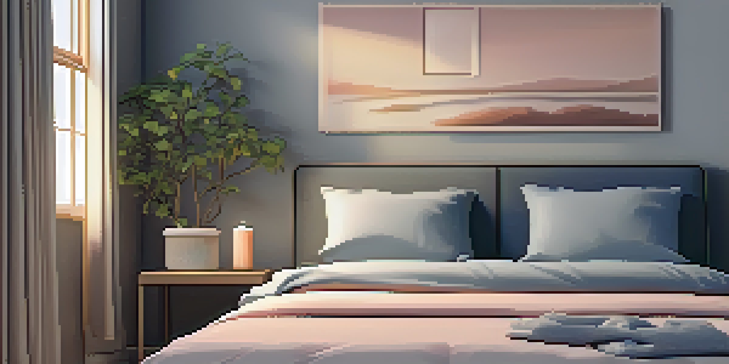 A calming bedroom setting with a cozy bed, dim lighting, and a smartphone displaying a meditation app, creating a peaceful atmosphere for sleep.