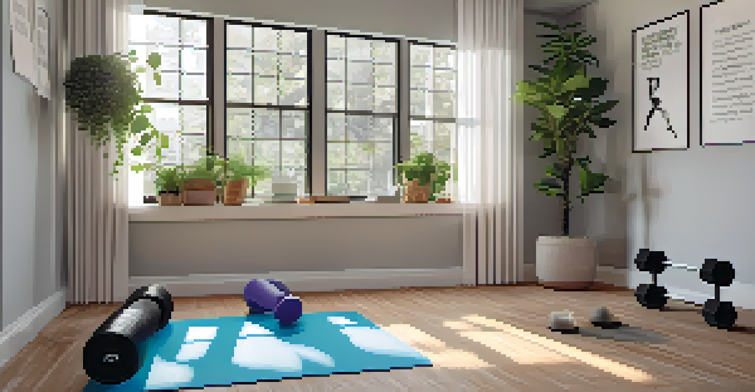 A home gym corner with a yoga mat, dumbbells, and a journal, illuminated by natural light.