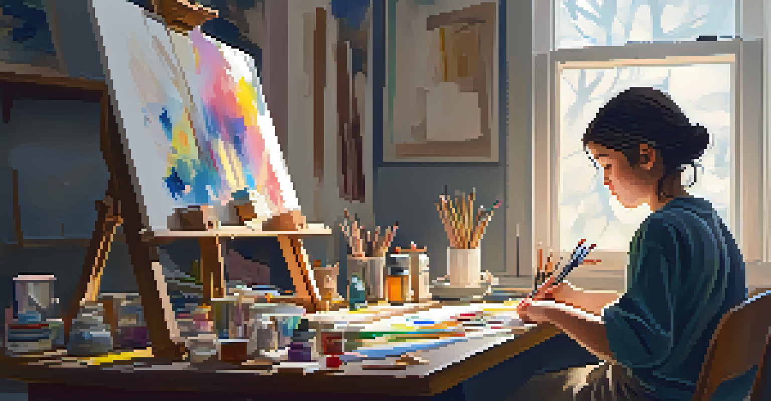 A young artist painting in a cozy room, surrounded by art supplies, with a warm desk lamp lighting the scene.