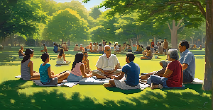A diverse group of individuals sitting in a circle in a park, sharing experiences with empathetic expressions, under warm sunlight.