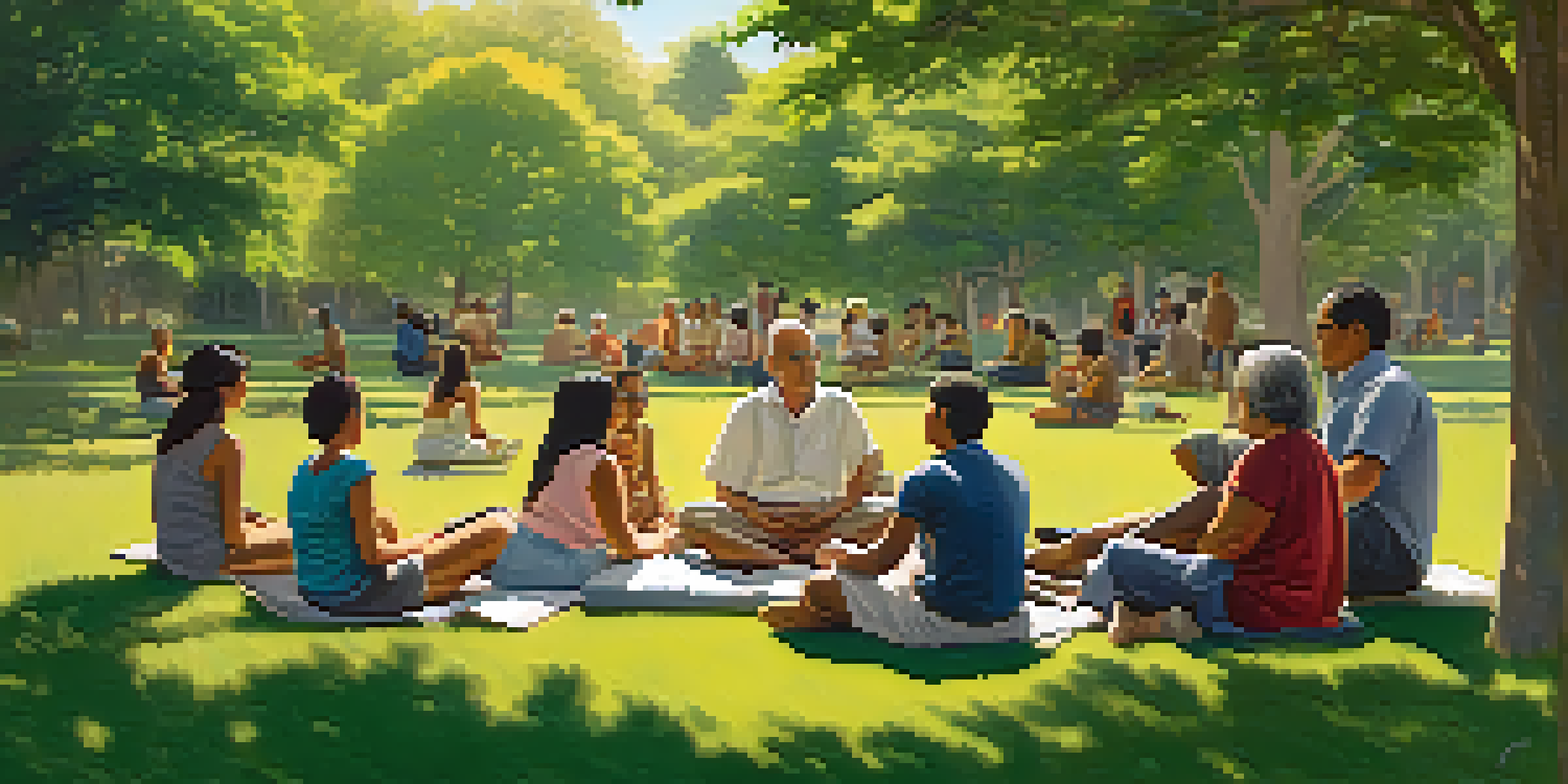 A diverse group of individuals sitting in a circle in a park, sharing experiences with empathetic expressions, under warm sunlight.