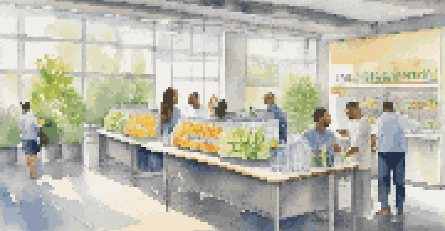 A hydration station in an office with employees filling water bottles, surrounded by refreshing fruits like lemon and cucumber.