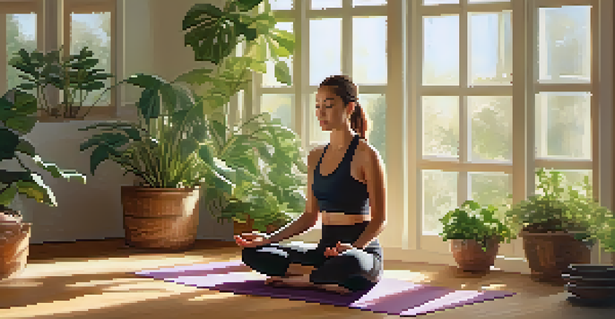 A person meditating on a yoga mat in a sunlit room filled with green plants, exuding tranquility and self-compassion.