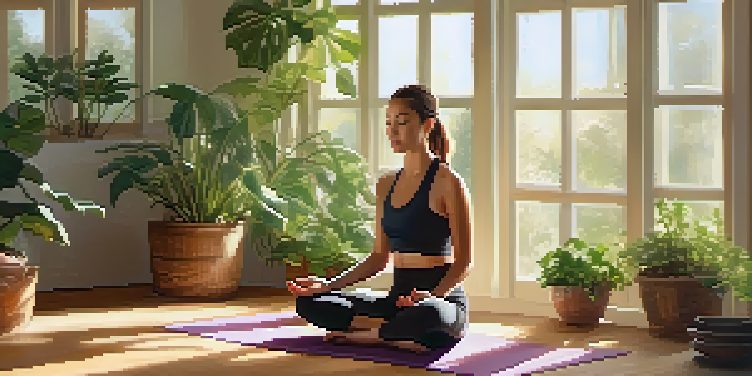A person meditating on a yoga mat in a sunlit room filled with green plants, exuding tranquility and self-compassion.