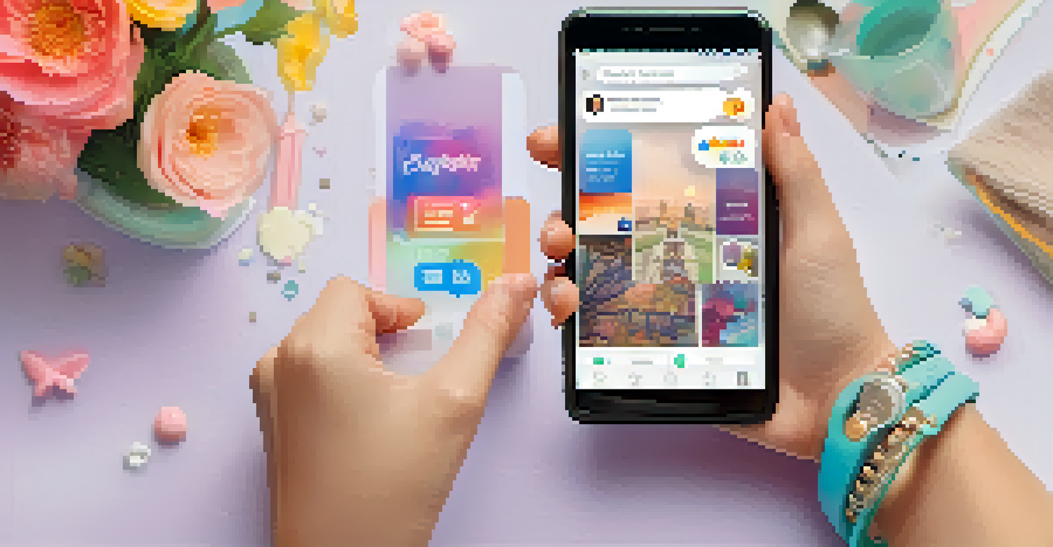A smartphone displaying an uplifting social media feed with positive quotes and images, held by a hand with a colorful bracelet.