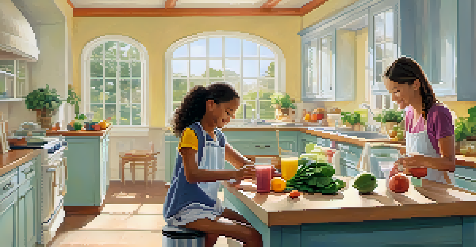 A parent and a young athlete preparing a nutritious smoothie together in a bright kitchen.