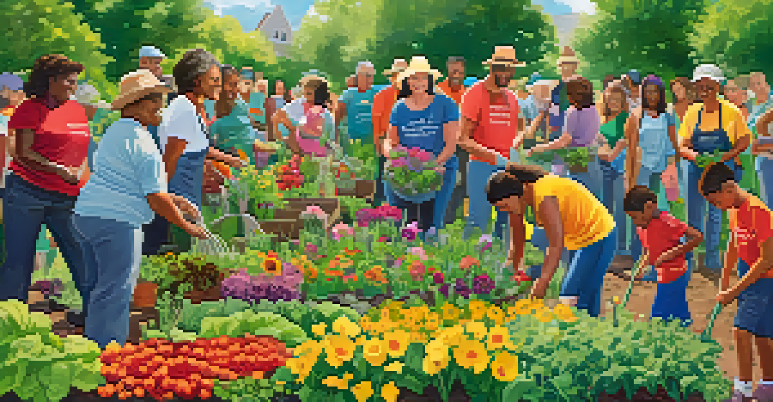A diverse group of people working together in a community garden, planting flowers and vegetables under a sunny sky.
