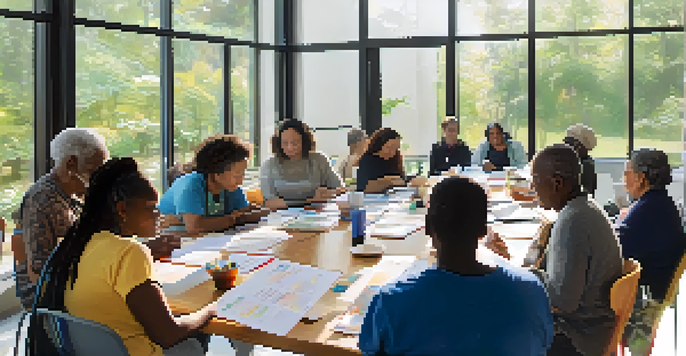 A diverse group of individuals participating in a community health workshop focused on health literacy, engaging with materials and each other in a bright and welcoming environment.