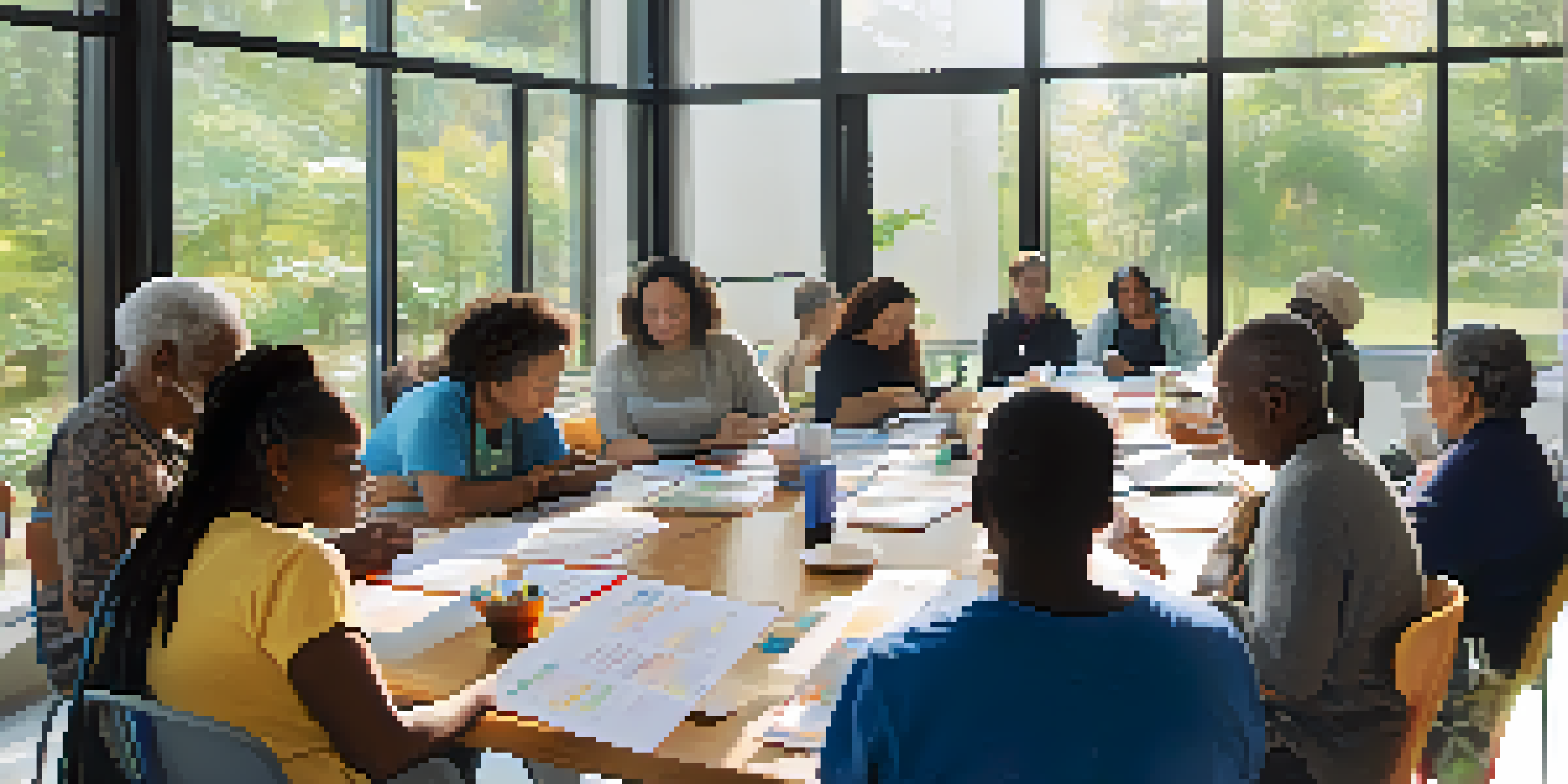 A diverse group of individuals participating in a community health workshop focused on health literacy, engaging with materials and each other in a bright and welcoming environment.