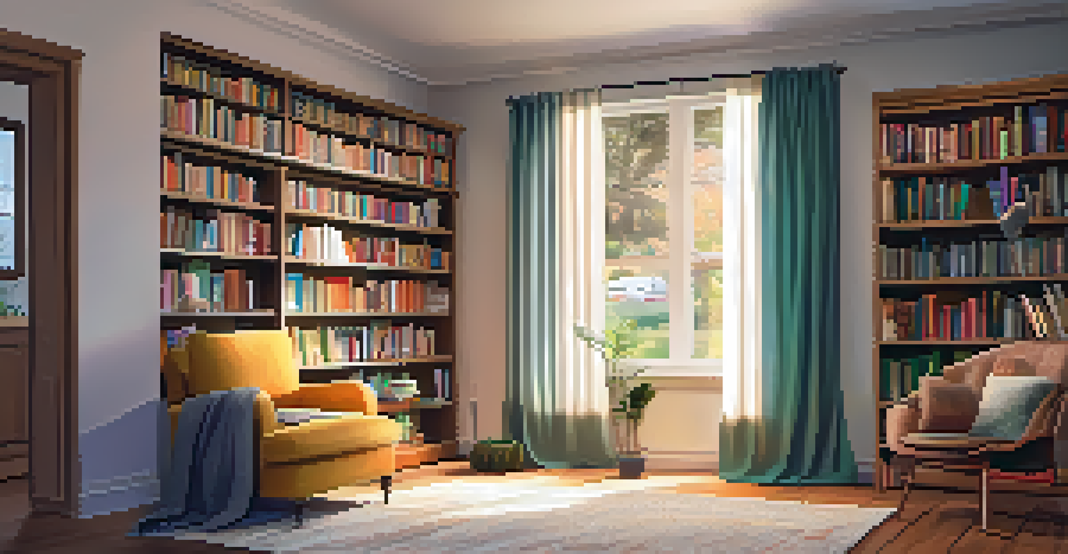 A cozy reading nook with a plush armchair, a warm blanket, a bookshelf of colorful books, and soft lighting, ideal for mindfulness practices.