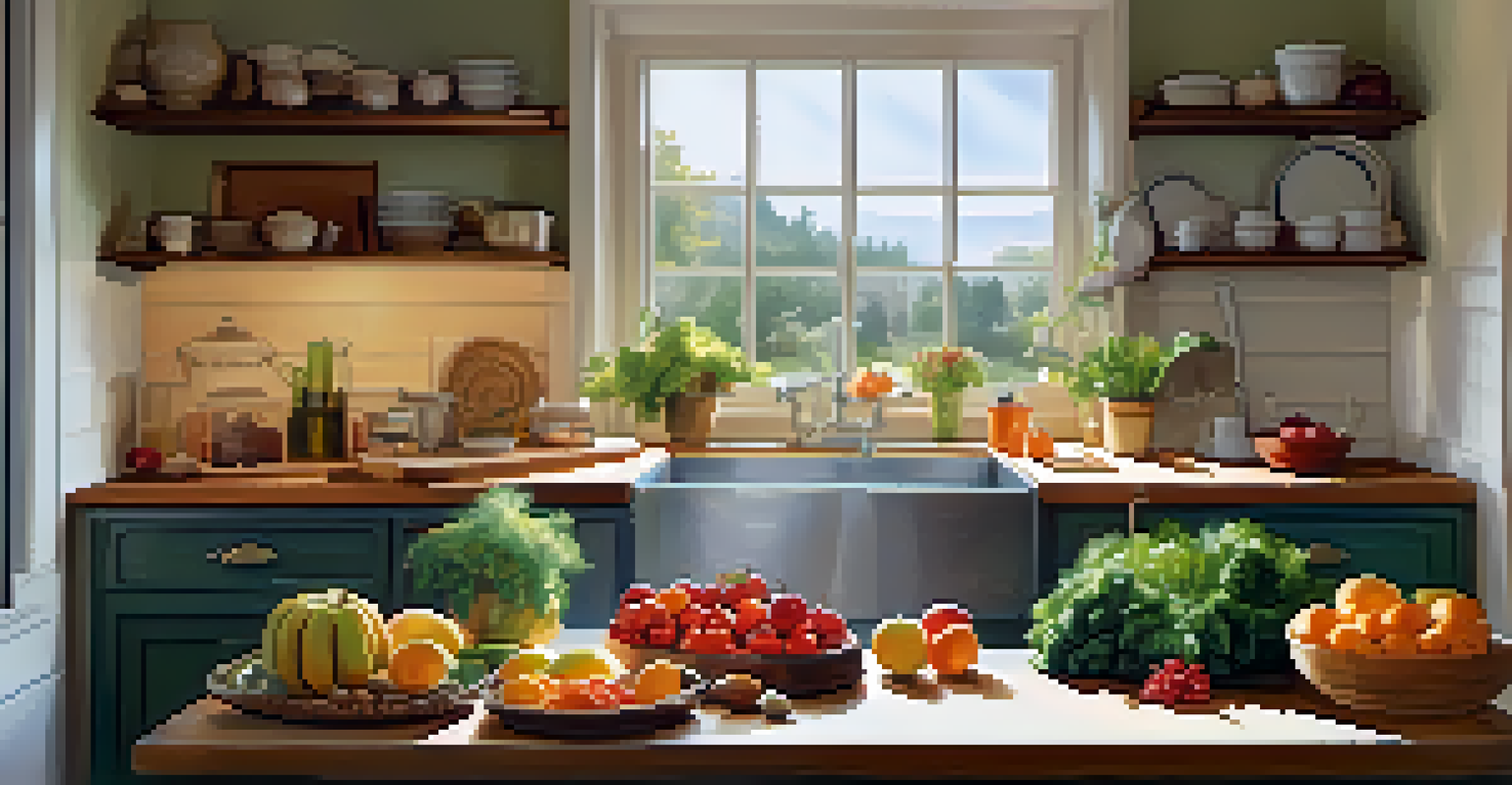 A bright kitchen with colorful fruits and vegetables on a countertop, sunlight streaming through the window.