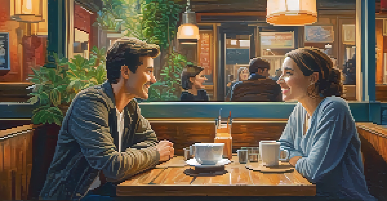 Two friends having a conversation in a cozy café, one listening attentively and the other speaking animatedly.