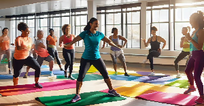 A health coach leading a diverse group in a dance fitness class in a bright gym with large windows.
