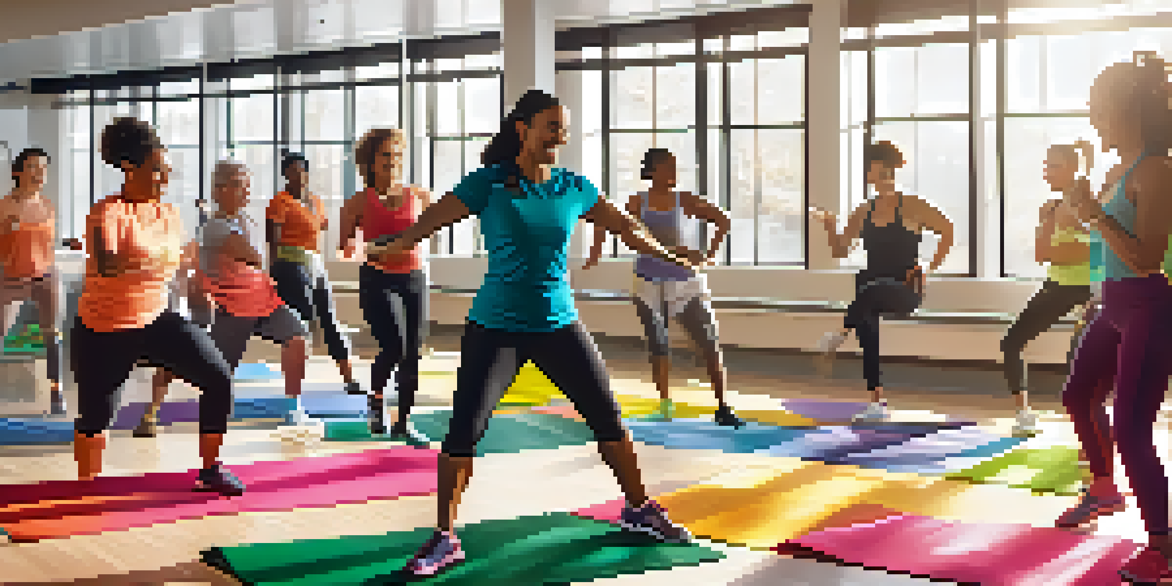 A health coach leading a diverse group in a dance fitness class in a bright gym with large windows.