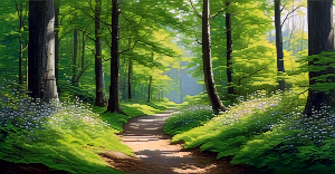 A peaceful forest path surrounded by tall green trees, with sunlight shining through the leaves and wildflowers along the way.