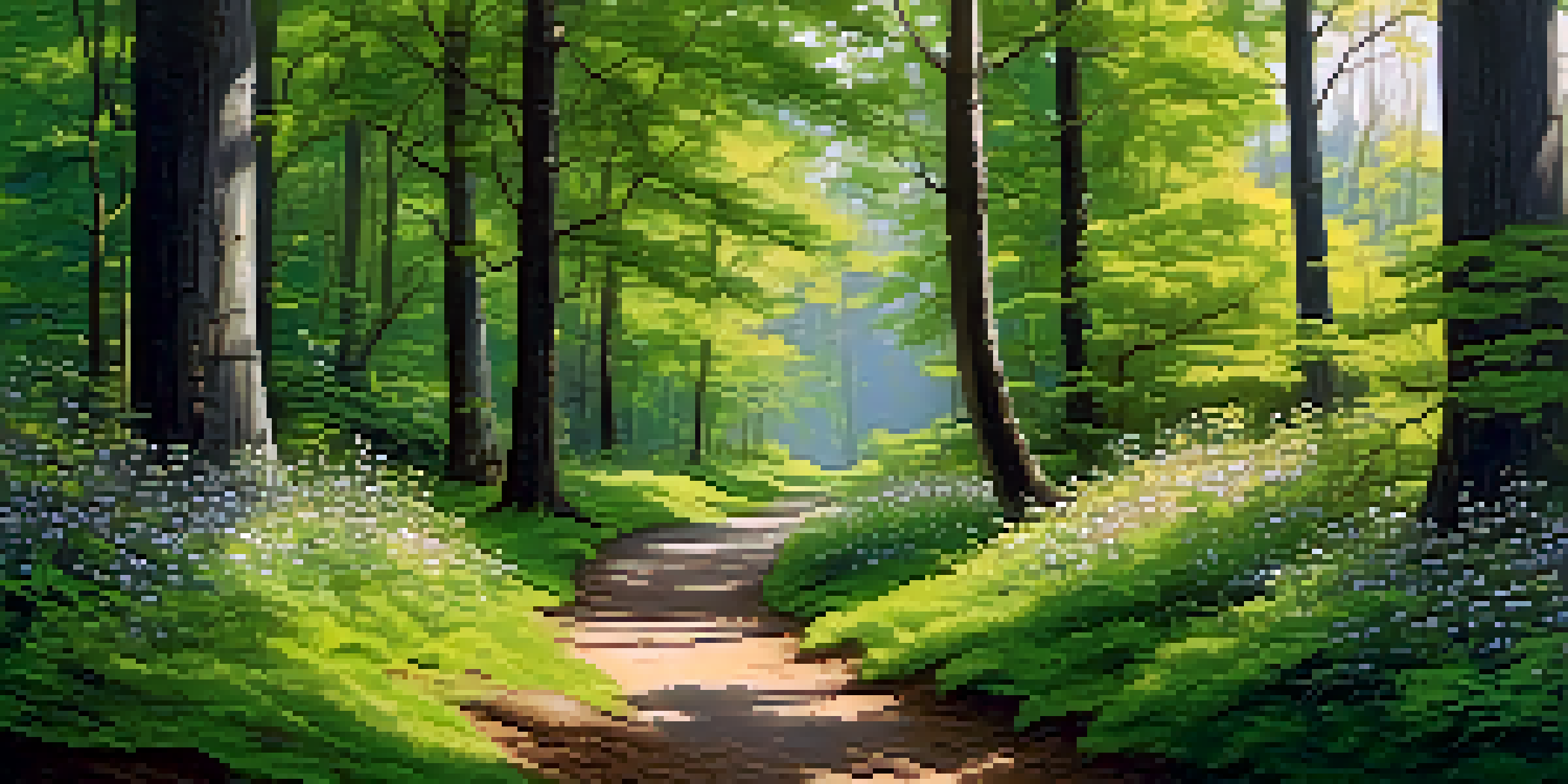 A peaceful forest path surrounded by tall green trees, with sunlight shining through the leaves and wildflowers along the way.