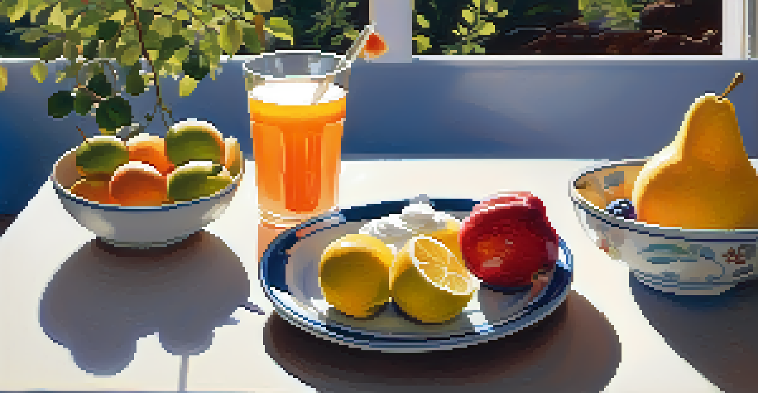 A person sipping a probiotic drink at a sunlit table with fresh fruits and yogurt, creating a cozy morning scene.