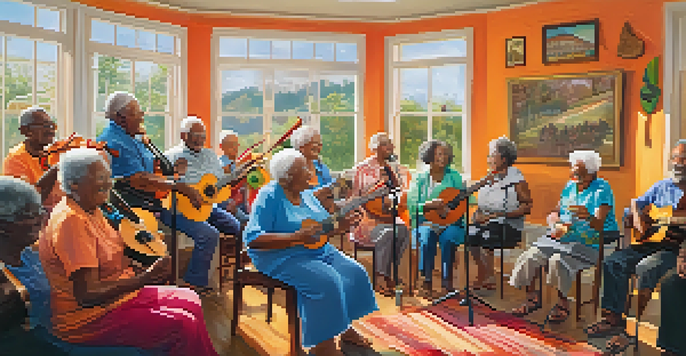 An uplifting music therapy session for seniors, showing elderly individuals happily singing together in a well-lit room filled with musical instruments.