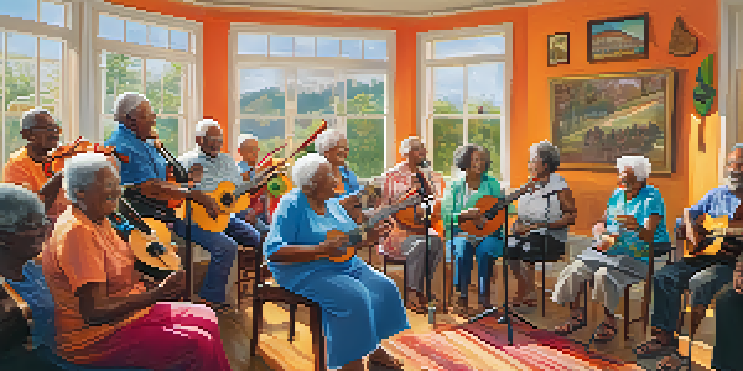 An uplifting music therapy session for seniors, showing elderly individuals happily singing together in a well-lit room filled with musical instruments.