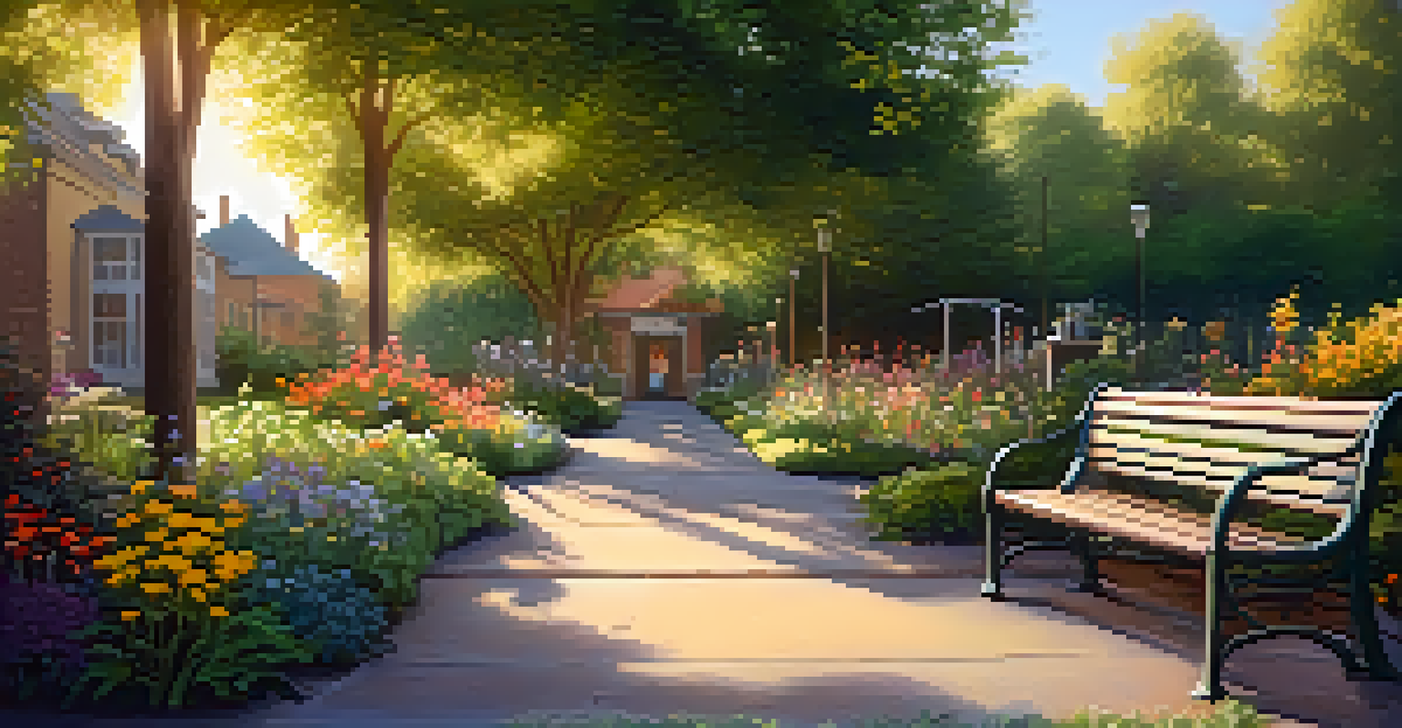 A serene path in a community garden with blooming flowers, benches, and soft golden hour lighting.