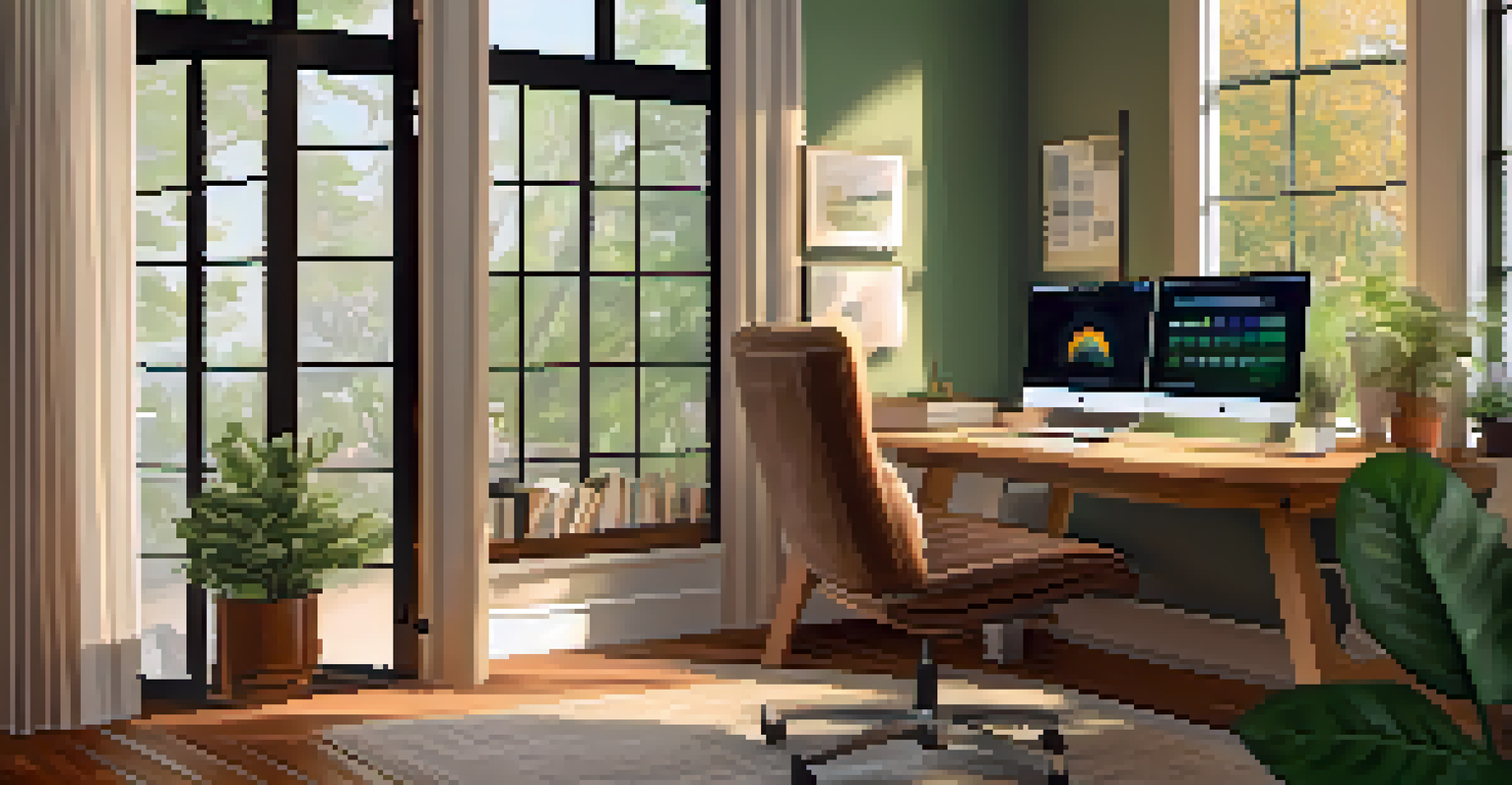 A cozy home office setup with an employee practicing digital wellness using a mindfulness app on their laptop.