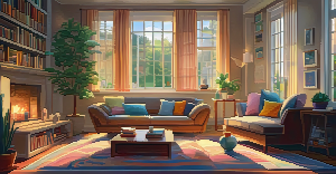 A family enjoying a board game together in a warm and cozy living room with soft lighting and a garden view.