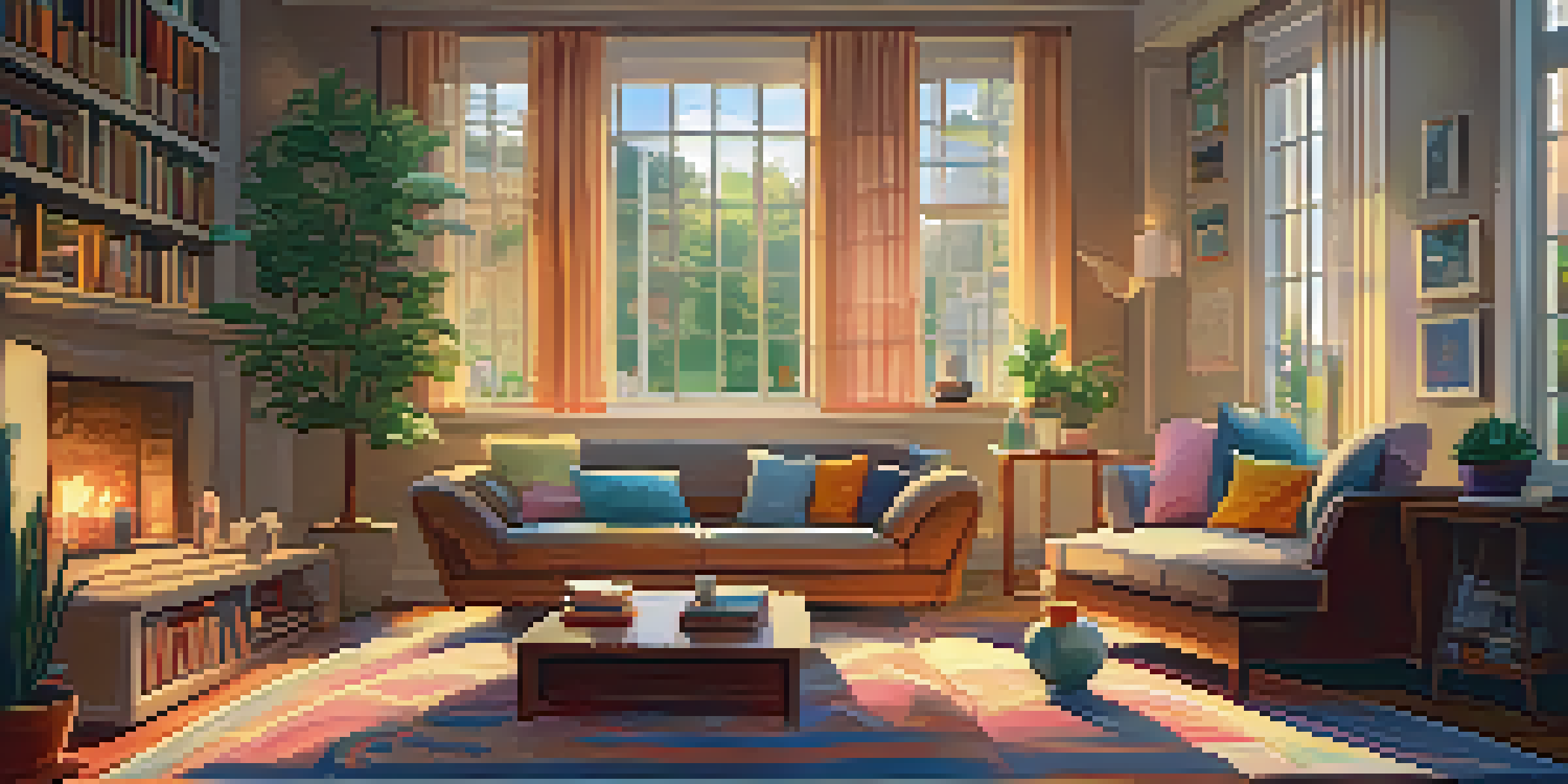 A family enjoying a board game together in a warm and cozy living room with soft lighting and a garden view.