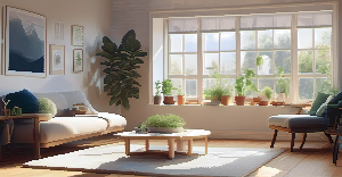 A person meditating on a rug in a softly lit living room, surrounded by plants and inspiring quotes.