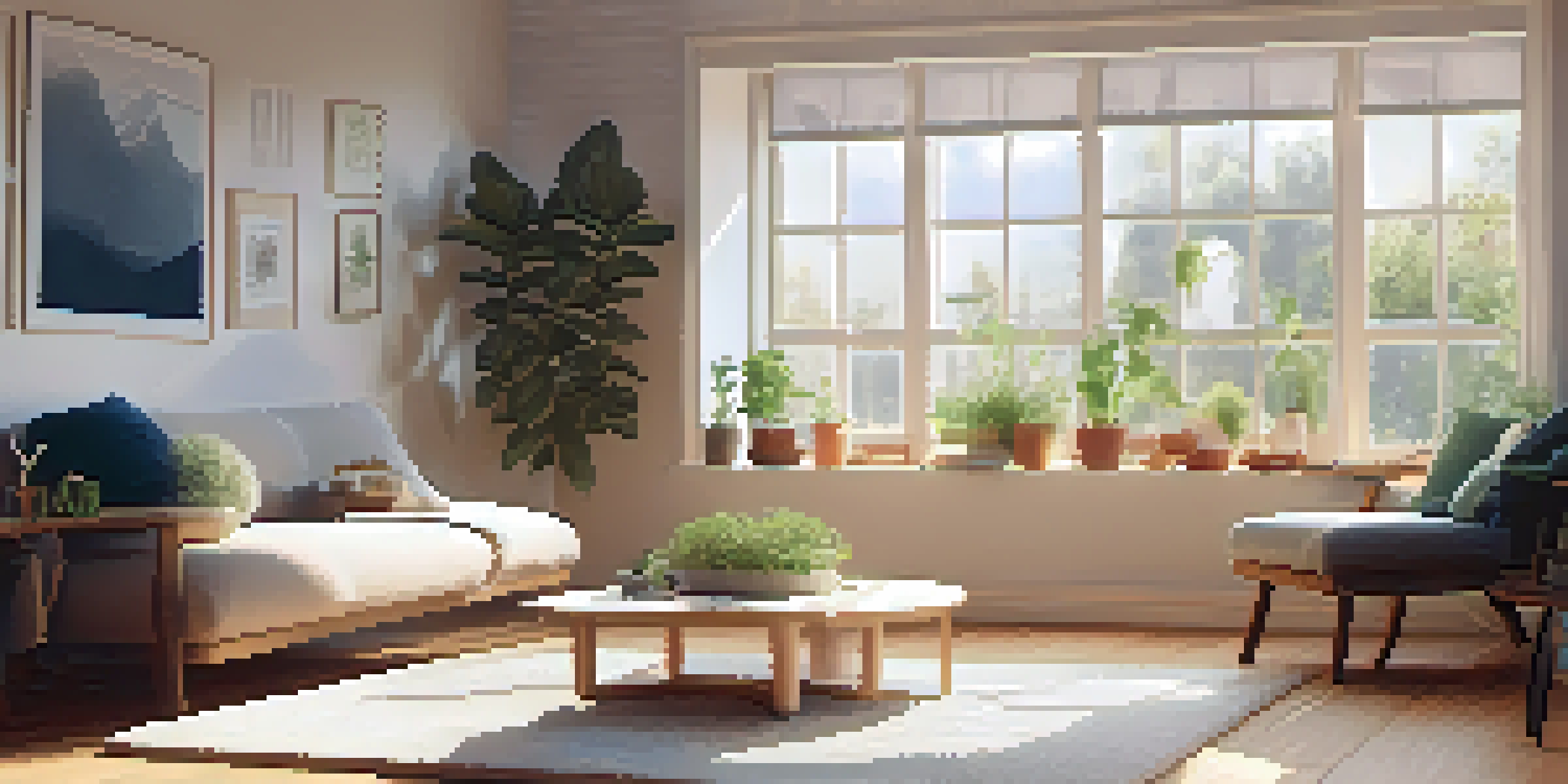 A person meditating on a rug in a softly lit living room, surrounded by plants and inspiring quotes.