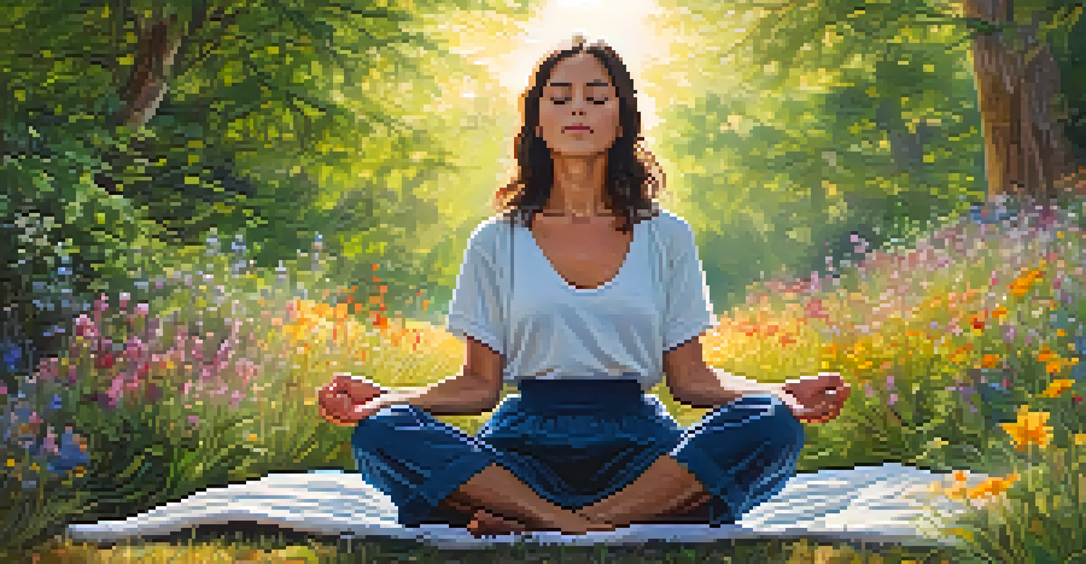 A person meditating peacefully outdoors, surrounded by wildflowers and bathed in soft sunlight, embodying tranquility.