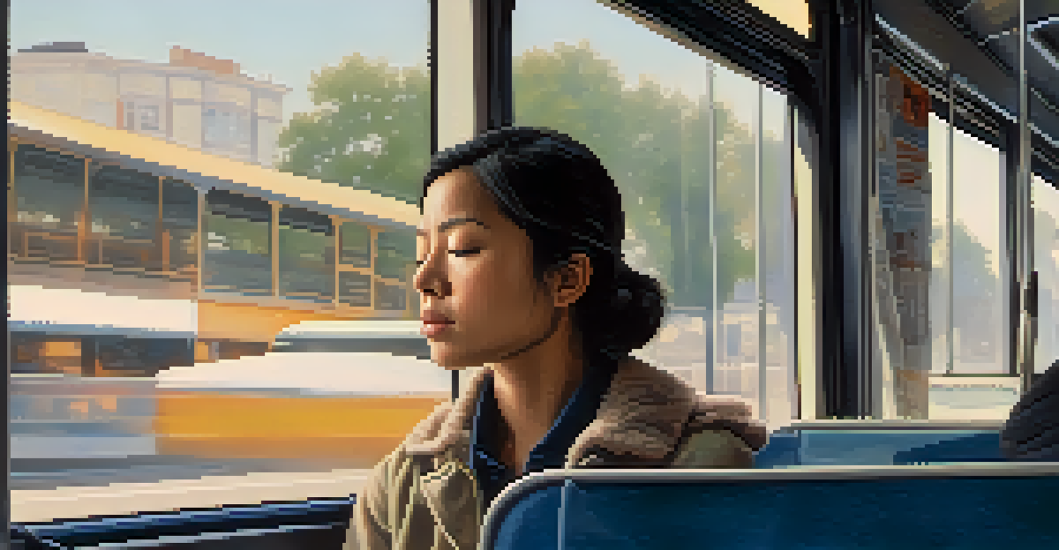 A person on a bus practicing mindfulness with eyes closed, surrounded by other passengers, in a softly lit interior.