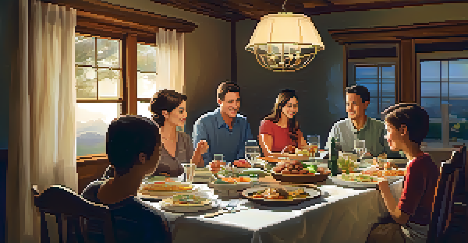 A family dinner scene with members engaged in conversation and active listening, surrounded by a warm atmosphere.