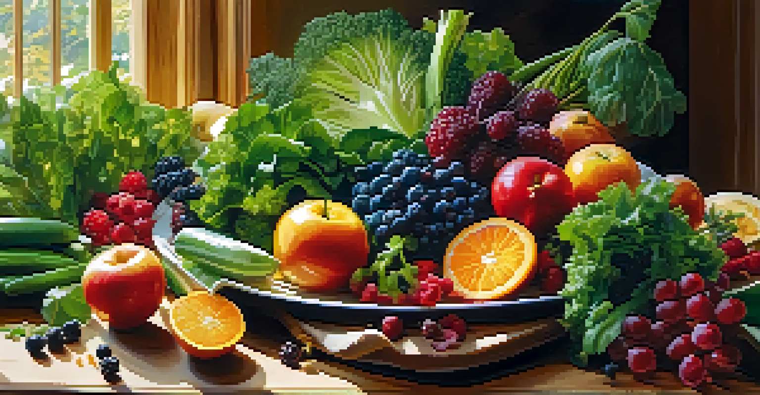A plate of fresh fruits and vegetables on a wooden table, illuminated by warm sunlight.