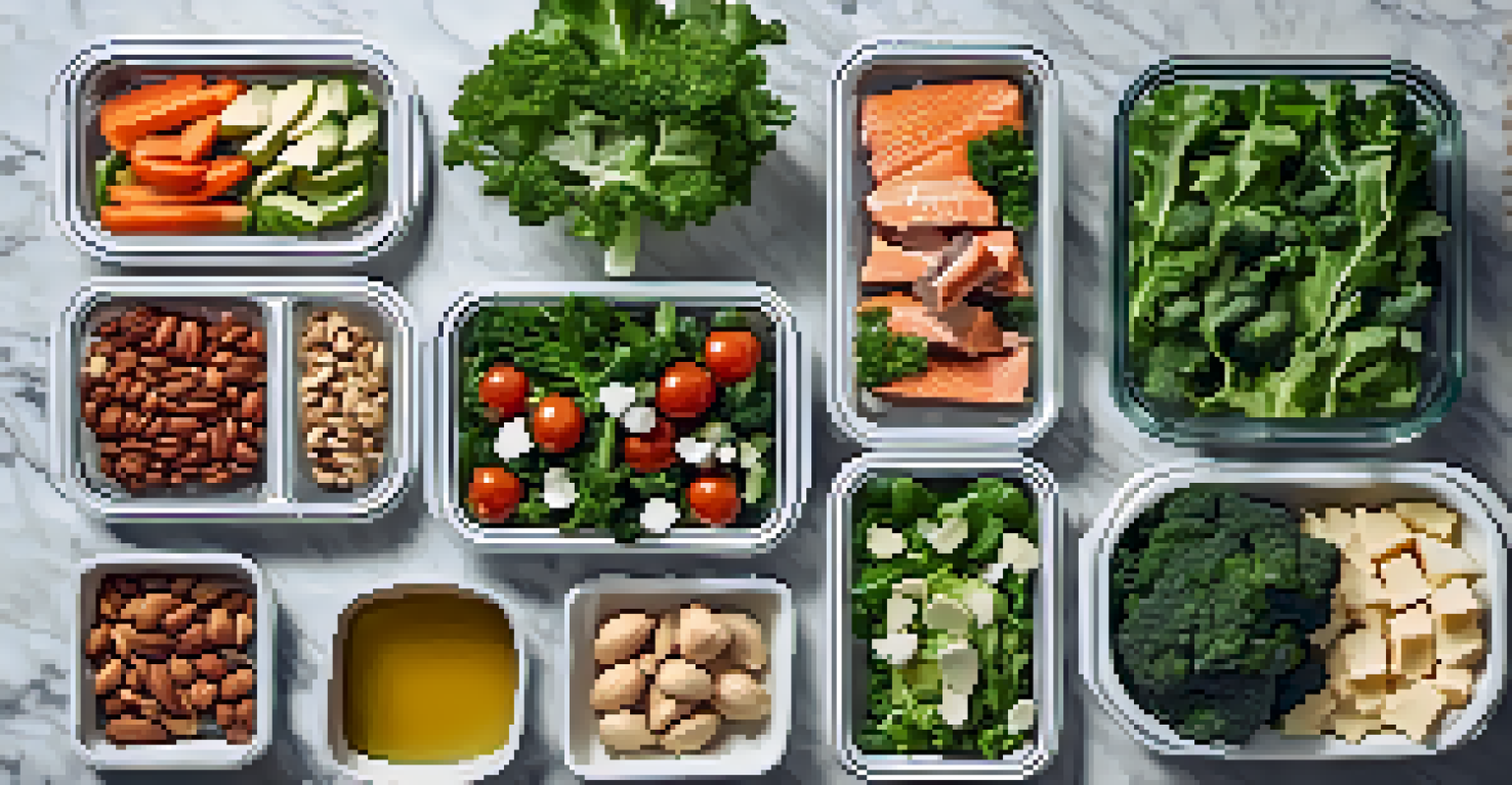 An overhead view of a meal prep station with fresh ingredients like leafy greens, nuts, and fish, organized on a marble countertop with containers ready for filling.
