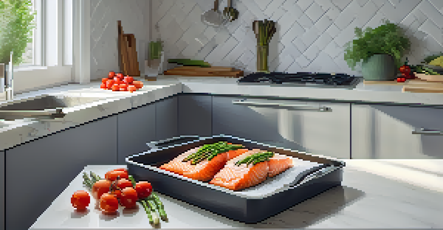A sheet pan filled with salmon, asparagus, and cherry tomatoes in a modern kitchen, illuminated by natural light.