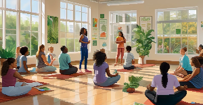A wellness coach guiding a diverse group workshop in a well-lit community center, with participants engaging in discussions about nutrition and exercise.