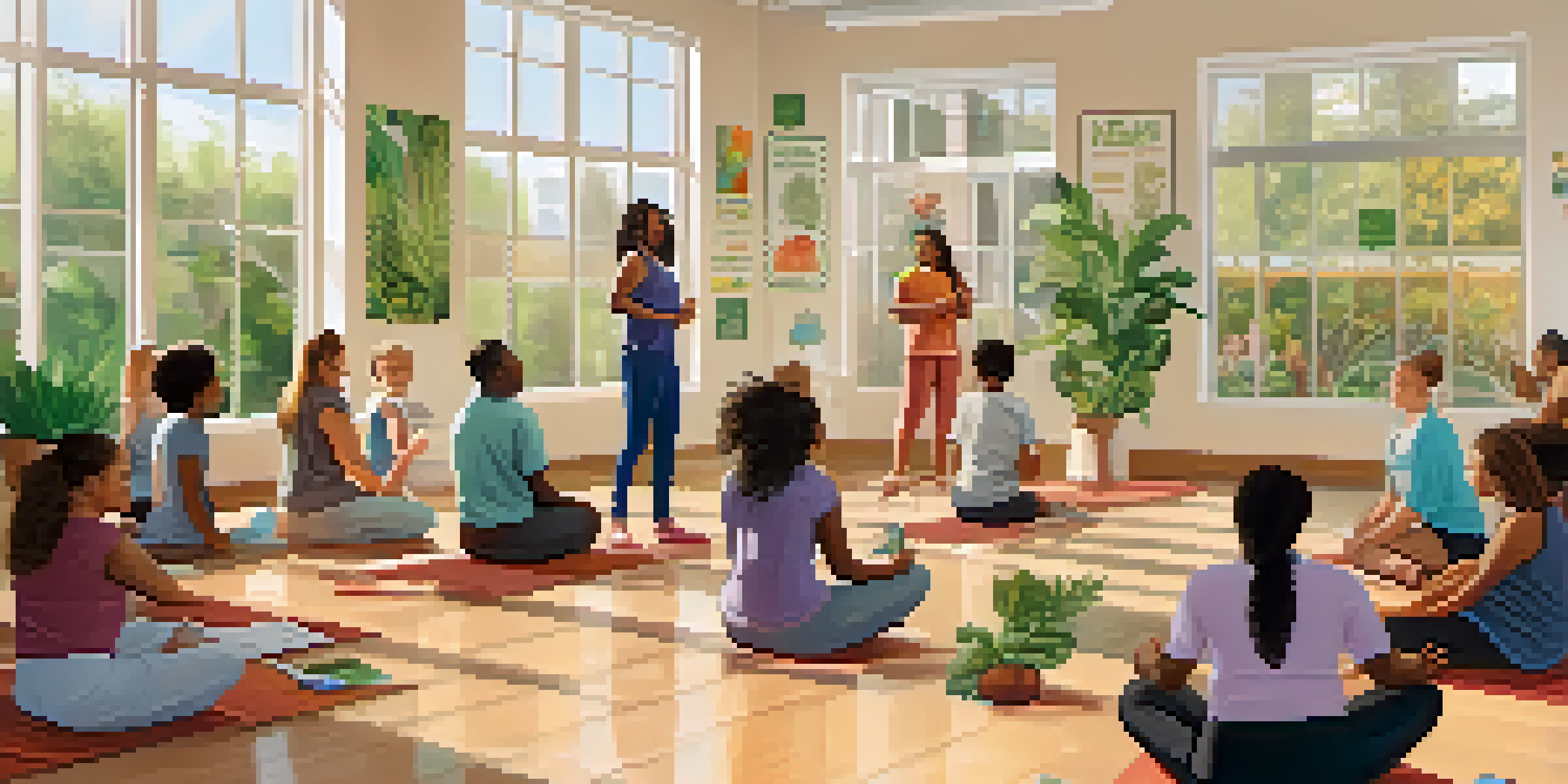 A wellness coach guiding a diverse group workshop in a well-lit community center, with participants engaging in discussions about nutrition and exercise.
