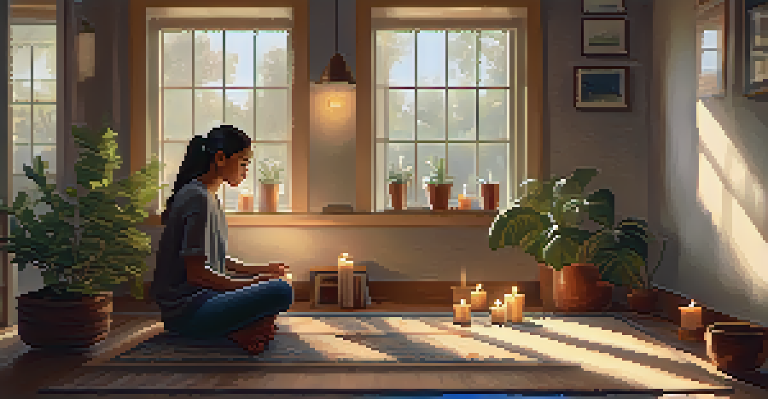 A person practicing focused breathing in a cozy indoor environment with candles and plants.