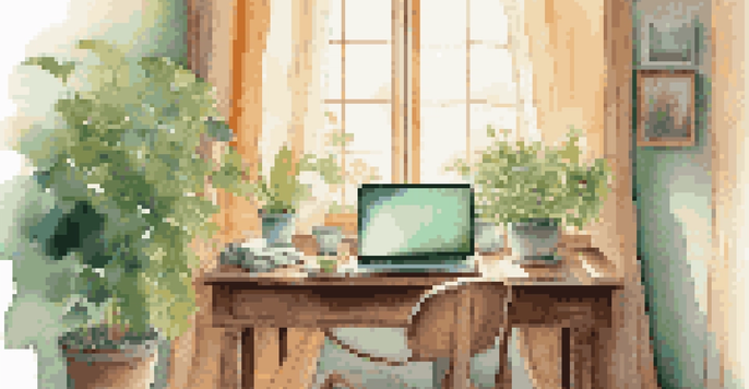 A peaceful workspace with a wooden desk, a laptop, a steaming cup of tea, and a potted plant, illuminated by soft sunlight.