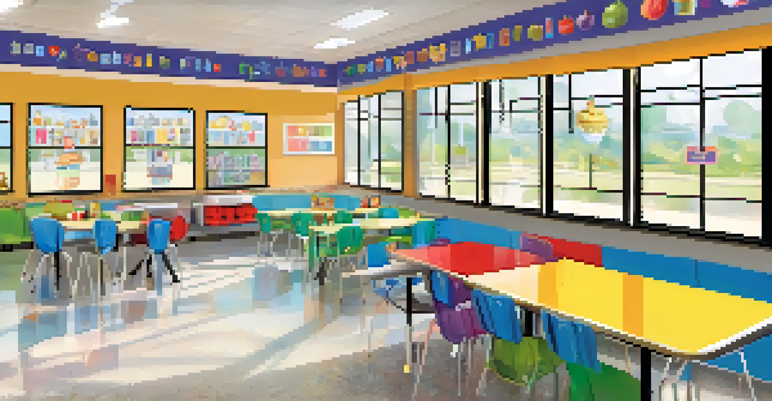 A school cafeteria highlighting an allergen-free zone where students enjoy labeled allergen-free meals.
