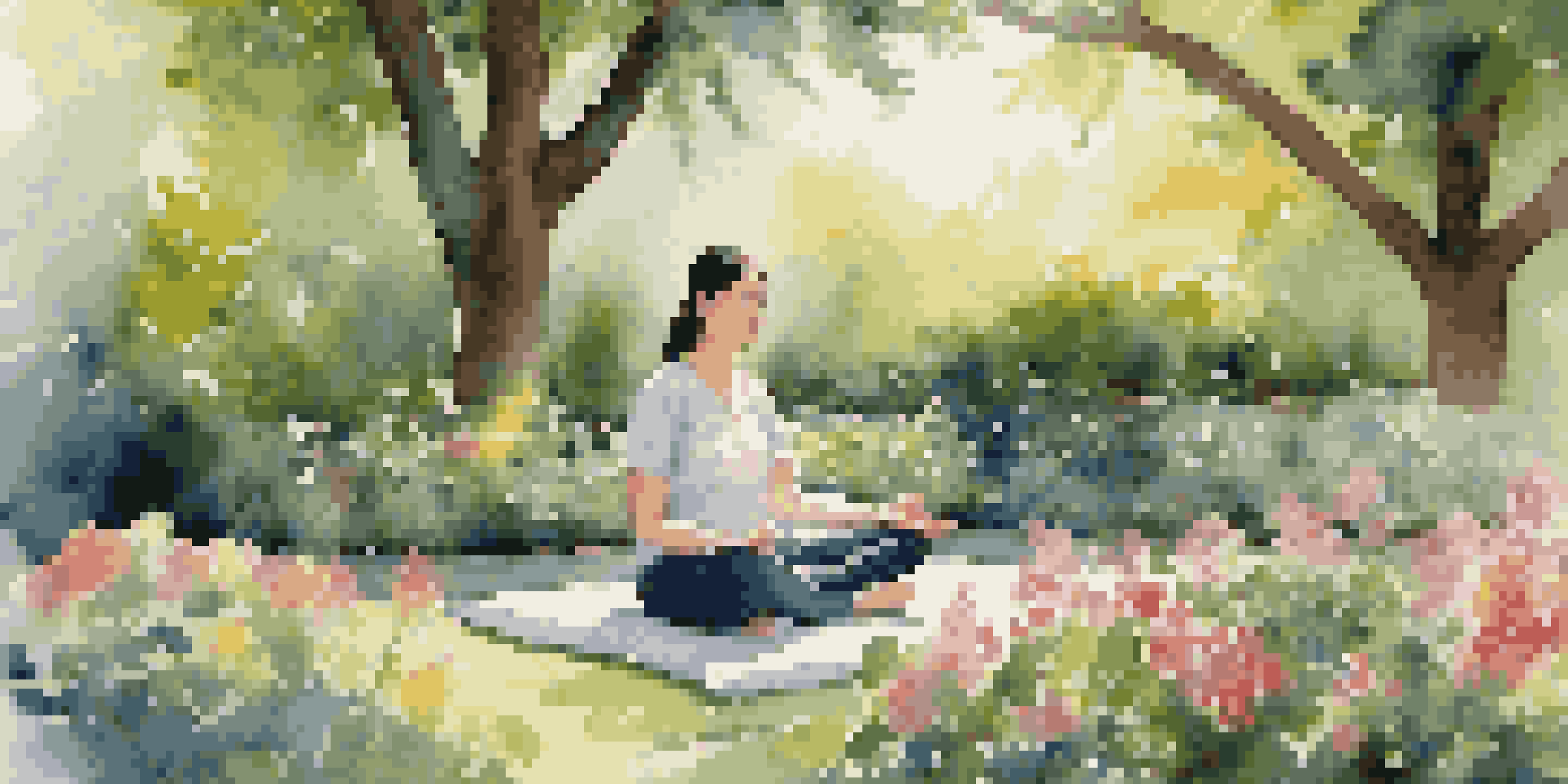 A person meditating in a tranquil garden filled with colorful flowers and greenery, illustrated in soft sunlight.