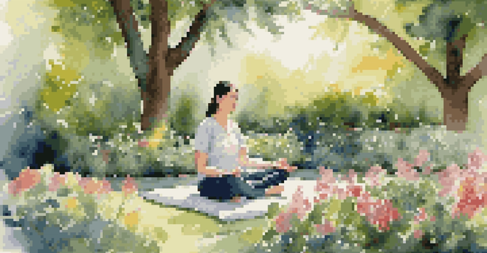 A person meditating in a tranquil garden filled with colorful flowers and greenery, illustrated in soft sunlight.